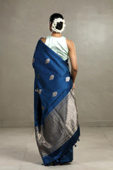 Cobalt Blue Banarasi Satin Silk Saree with Zari Floral Motifs