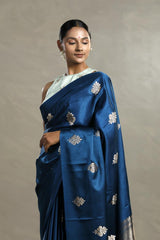 Cobalt Blue Banarasi Satin Silk Saree with Zari Floral Motifs