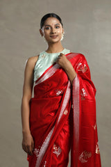 Red Handloom Banarasi Saree with Silver And Gold Zari Work