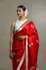 Red Handloom Banarasi Saree with Silver And Gold Zari Work