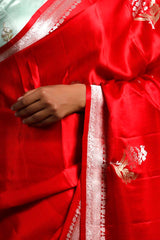 Red Handloom Banarasi Saree with Silver And Gold Zari Work