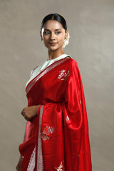 Red Handloom Banarasi Saree with Silver And Gold Zari Work