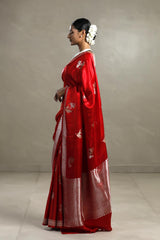 Red Handloom Banarasi Saree with Silver And Gold Zari Work