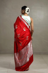 Red Handloom Banarasi Saree with Silver And Gold Zari Work