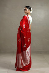 Red Handloom Banarasi Saree with Silver And Gold Zari Work