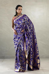This Purple Banarasi Satin Silk Saree with Mayur Motifs is a wedding saree and festive wear saree. Free Shipping Available!