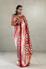 Red Rangkat Banarasi Katan Silk Saree with Multi-color Motifs