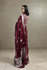 Wine Handloom Banarasi Saree with Gold and Silver Zari Floral Motifs