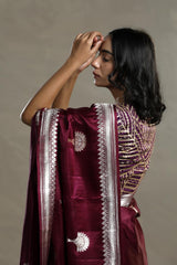 Wine Handloom Banarasi Saree with Gold and Silver Zari Floral Motifs