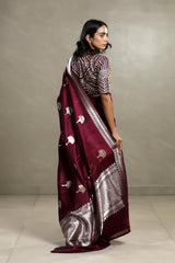 Wine Handloom Banarasi Saree with Gold and Silver Zari Floral Motifs