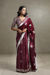 This wine satin silk saree is a wedding saree and festive wear saree. Free Shipping Available!