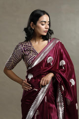 Wine Handloom Banarasi Saree with Gold and Silver Zari Floral Motifs