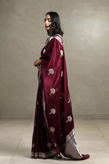 Wine Handloom Banarasi Saree with Gold and Silver Zari Floral Motifs