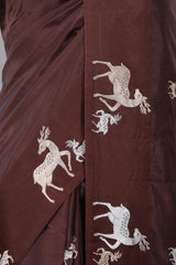 Brown Deer Motif Pure Banarasi Silk Saree