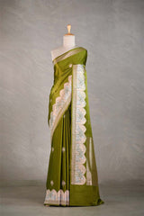 Olive Green Banarasi Silk Saree with Pichwai Work