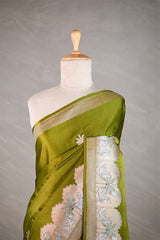 Olive Green Banarasi Silk Saree with Pichwai Work