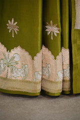 Olive Green Banarasi Silk Saree with Pichwai Work