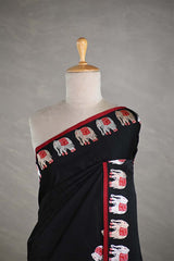 Black Handloom Banarasi Silk Saree with Elephant Motifs