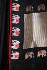 Black Handloom Banarasi Silk Saree with Elephant Motifs