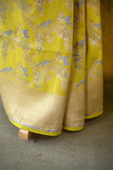 Yellow Katan Silk Banarasi Saree with Floral Bird Motifs