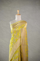 Yellow Katan Silk Banarasi Saree with Floral Bird Motifs