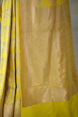 Yellow Katan Silk Banarasi Saree with Floral Bird Motifs