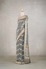 Grey Kadhwa Handloom Katan Silk Banarasi Saree with Meenakari Border