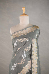 Grey Kadhwa Handloom Katan Silk Banarasi Saree with Meenakari Border