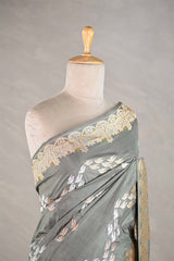 Grey Kadhwa Handloom Katan Silk Banarasi Saree with Meenakari Border
