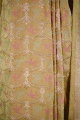 Mustard Yellow Handloom Satin Silk Saree with Pakshi Motif