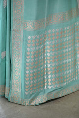Powder Blue Katan Saree with Gold & Silver Zari Pichwai Motifs