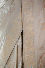 Beige Kadhwa Handloom Katan Silk Banarasi Saree with Meenakari Border