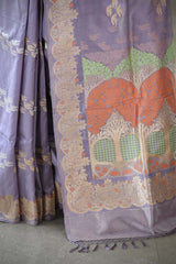 Lilac Kadhwa Handloom Katan Silk Banarasi Saree with Meenakari Border