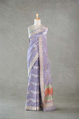 Lilac Kadhwa Handloom Katan Silk Banarasi Saree with Meenakari Border