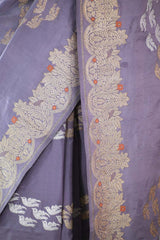 Lilac Kadhwa Handloom Katan Silk Banarasi Saree with Meenakari Border