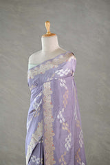 Lilac Kadhwa Handloom Katan Silk Banarasi Saree with Meenakari Border