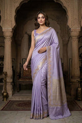 Lilac Handloom Satin Silk Saree with Sona-Rupa Meenakari Border