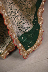 Bottle Green Banarasi Silk Saree with Sona-Rupa Floral Work