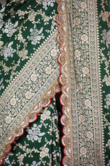 Bottle Green Banarasi Silk Saree with Sona-Rupa Floral Work