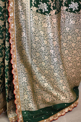 Bottle Green Banarasi Silk Saree with Sona-Rupa Floral Work
