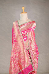 Rani Pink Banarasi Silk Saree with Sona-Rupa Peacock & Gaja Motifs