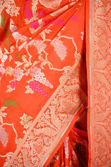 Orange Banarasi Silk Saree with Sona-Rupa Grapes & Birds Woven Work