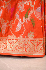 Orange Banarasi Silk Saree with Sona-Rupa Grapes & Birds Woven Work