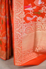 Orange Banarasi Silk Saree with Sona-Rupa Grapes & Birds Woven Work