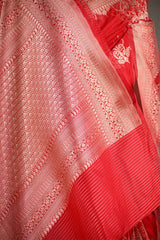 Red Banarasi Katan Silk Saree with Floral Zari Ornaments
