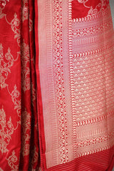 Red Banarasi Katan Silk Saree with Floral Zari Ornaments