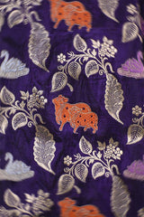 Purple Banarasi Katan Silk Saree with Meenakari Cow-Swan Motifs