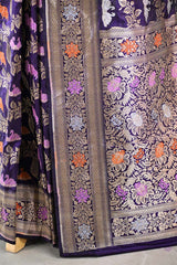 Purple Banarasi Katan Silk Saree with Meenakari Cow-Swan Motifs