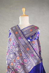 Ink Blue Banarasi Katan Silk Saree with Meenakari Cow-Swan Motifs