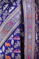 Ink Blue Banarasi Katan Silk Saree with Meenakari Cow-Swan Motifs